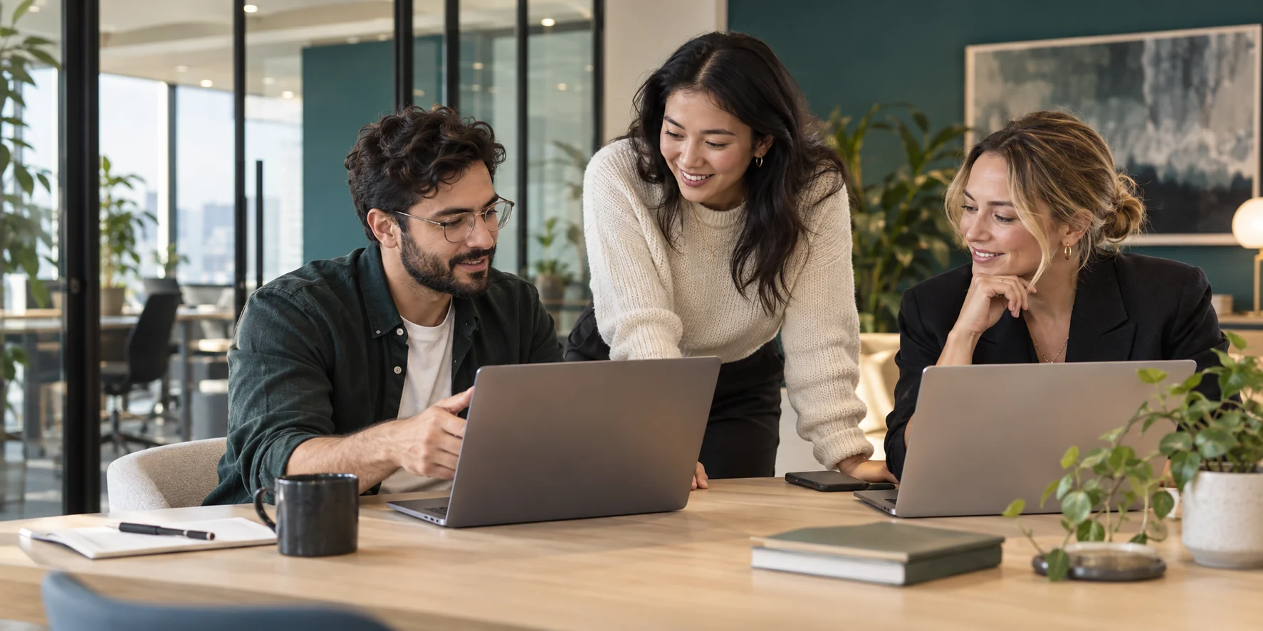 Professionals collaborating on a software product in a modern office